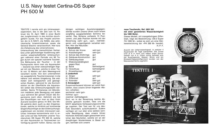 Článek v časopisu Certina Echo z roku 1970